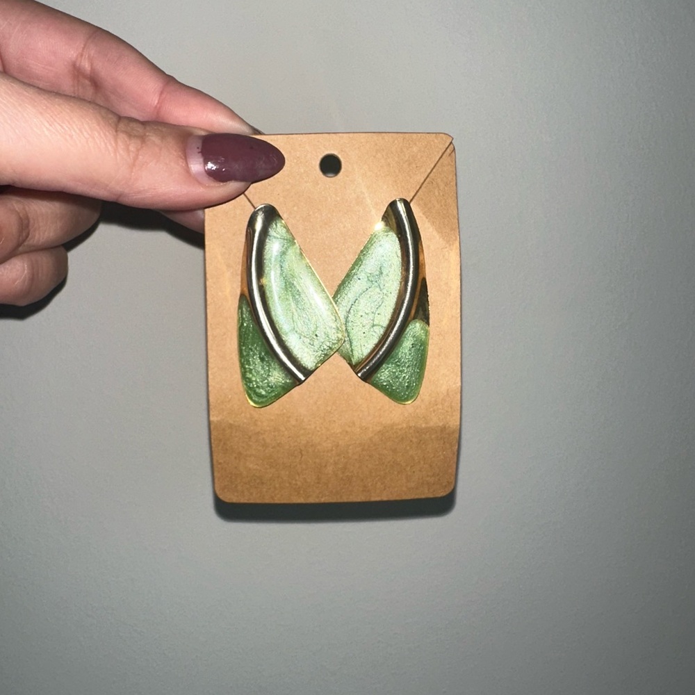 Modern Green & Gold Geometric Statement Earrings - Picture 3 of 3